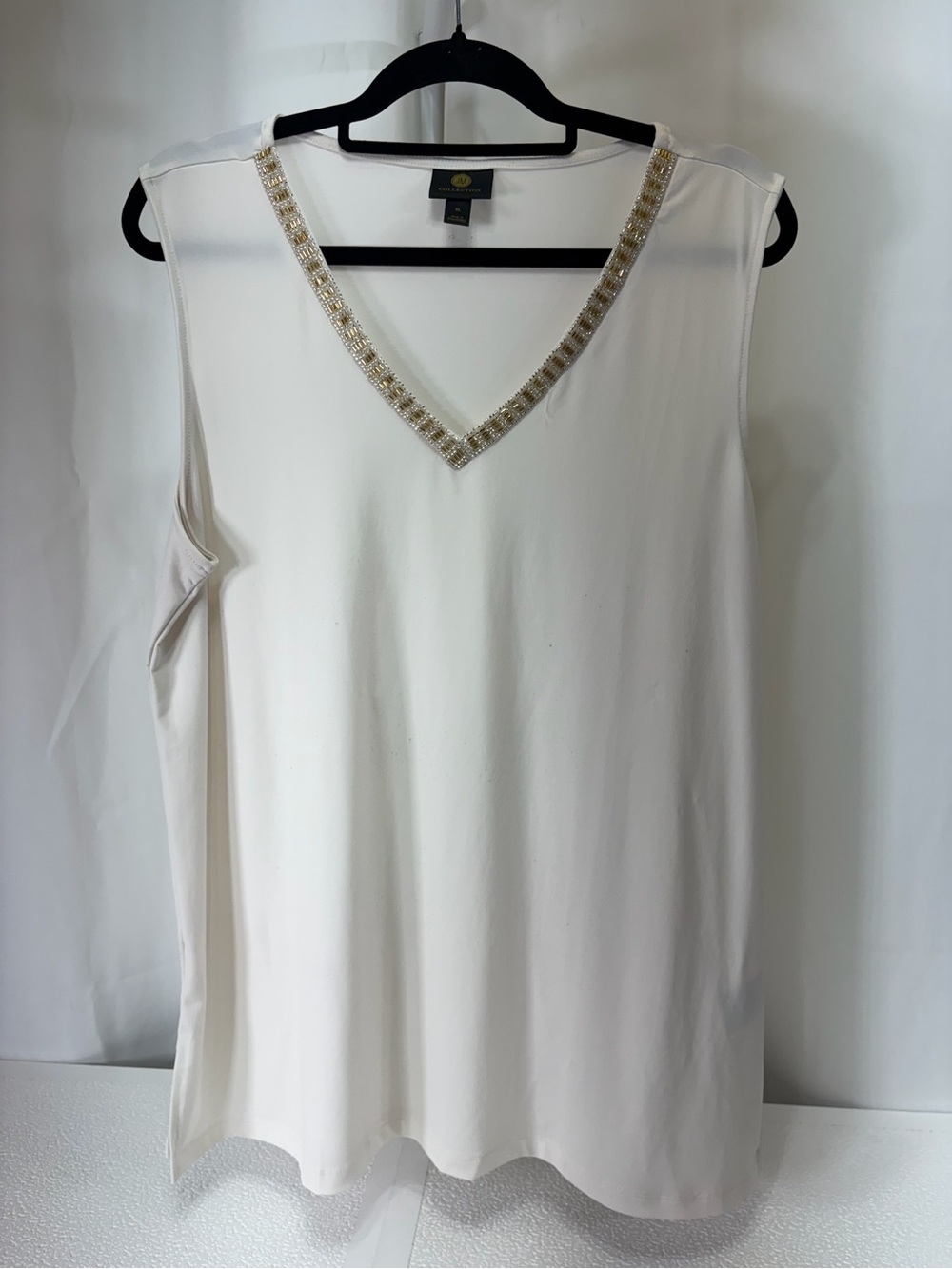 JM Collection Cream V-Neck Tank with Gold Bead Trim 3200